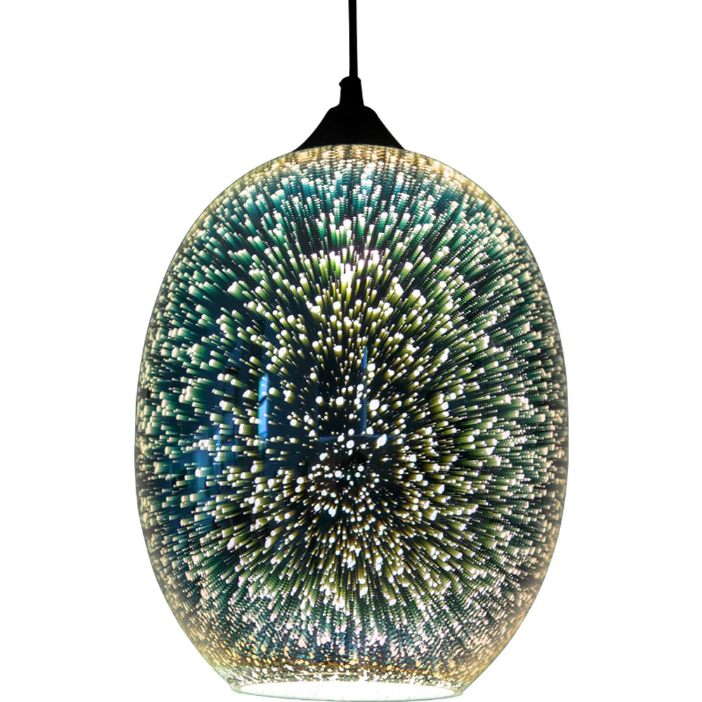 Fully illuminated modern 3D fireworks effect pendant light with vibrant glass sphere design, ideal for contemporary home decor.