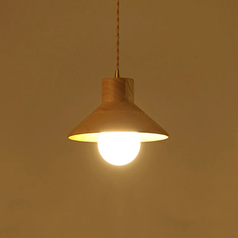 Warm-lit Nordic wood pendant light glowing in ambient setting, perfect for cozy kitchen or dining room atmosphere.