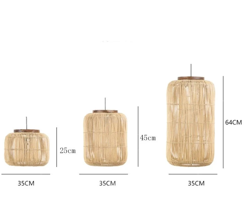 Size comparison of three natural LUXELY rattan pendant lights in 25cm, 45cm, and 64cm heights, ideal for layered lighting.