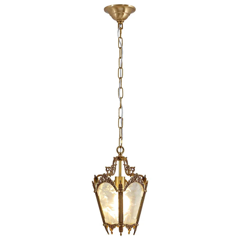 French retro chandelier with dimensions 22cm x 35cm. Compact copper pendant light with ice flower glass for stylish lighting.