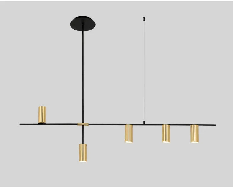 Close-up of gold modern minimalist spotlight bar ceiling light with five LED heads, ideal for stylish home or restaurant lighting.