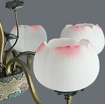 Detailed view of lotus flower LED lampshades with pink tips, highlighting the floral elegance of the creative chandelier.
