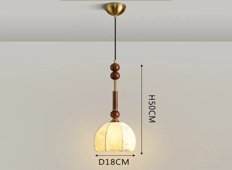 Nordic Pendant Light with floral cloth shade and wood accent, ideal for LED lighting in small dining or study areas.
