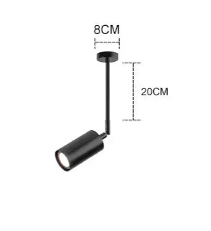 Short black ceiling spotlight with 20cm rod, part of the modern minimalist lighting series for compact spaces.