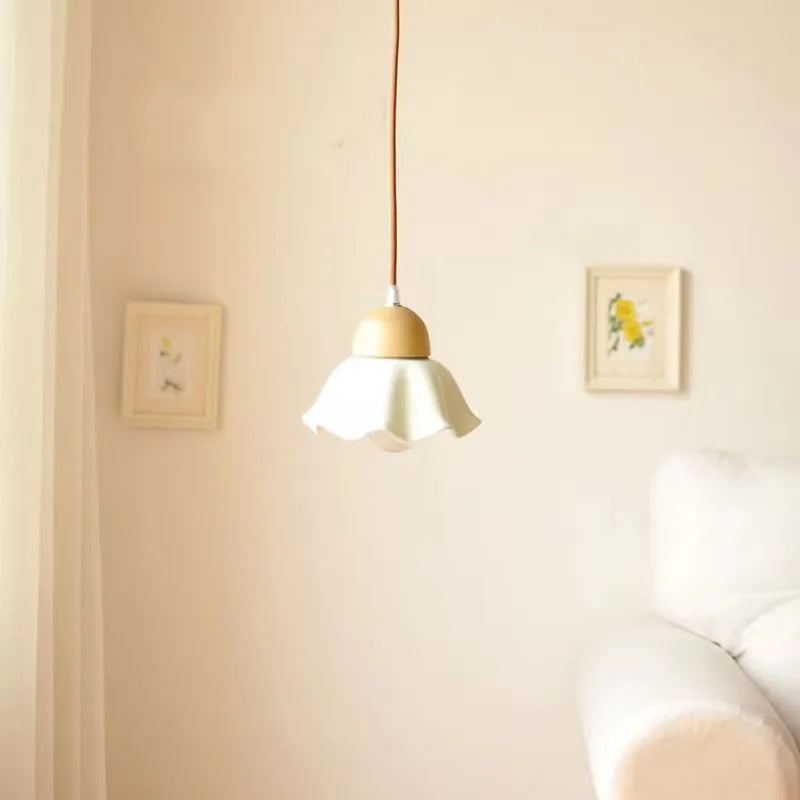 Japanese ceramic pendant light with wood accent