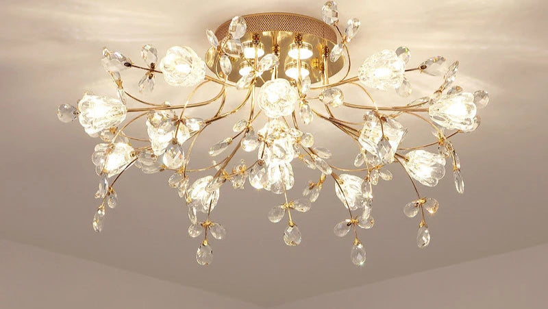Elegant vintage flower glass chandelier with LED lights and crystal detailing, designed for stylish and efficient home lighting.