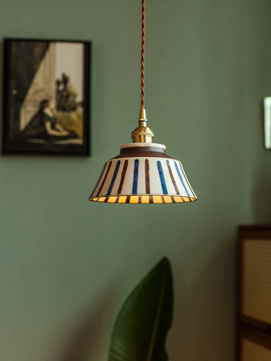 Porcelain Pendant Light with vertical stripe design in blue and brown. Retro Chinese style for modern interiors.