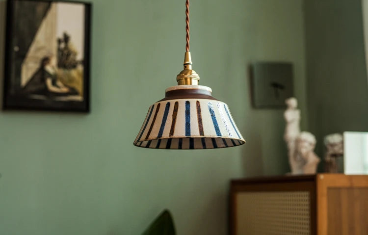 Minimalist striped Porcelain Pendant Light in Chinese retro style. Ideal for kitchen islands or cozy corners.