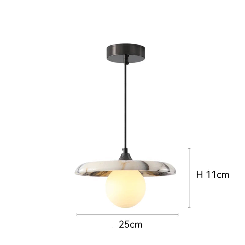 Product dimensions of the Marble Pendant Light with black LED chandelier, showing 25cm diameter and 11cm height for indoor installations.