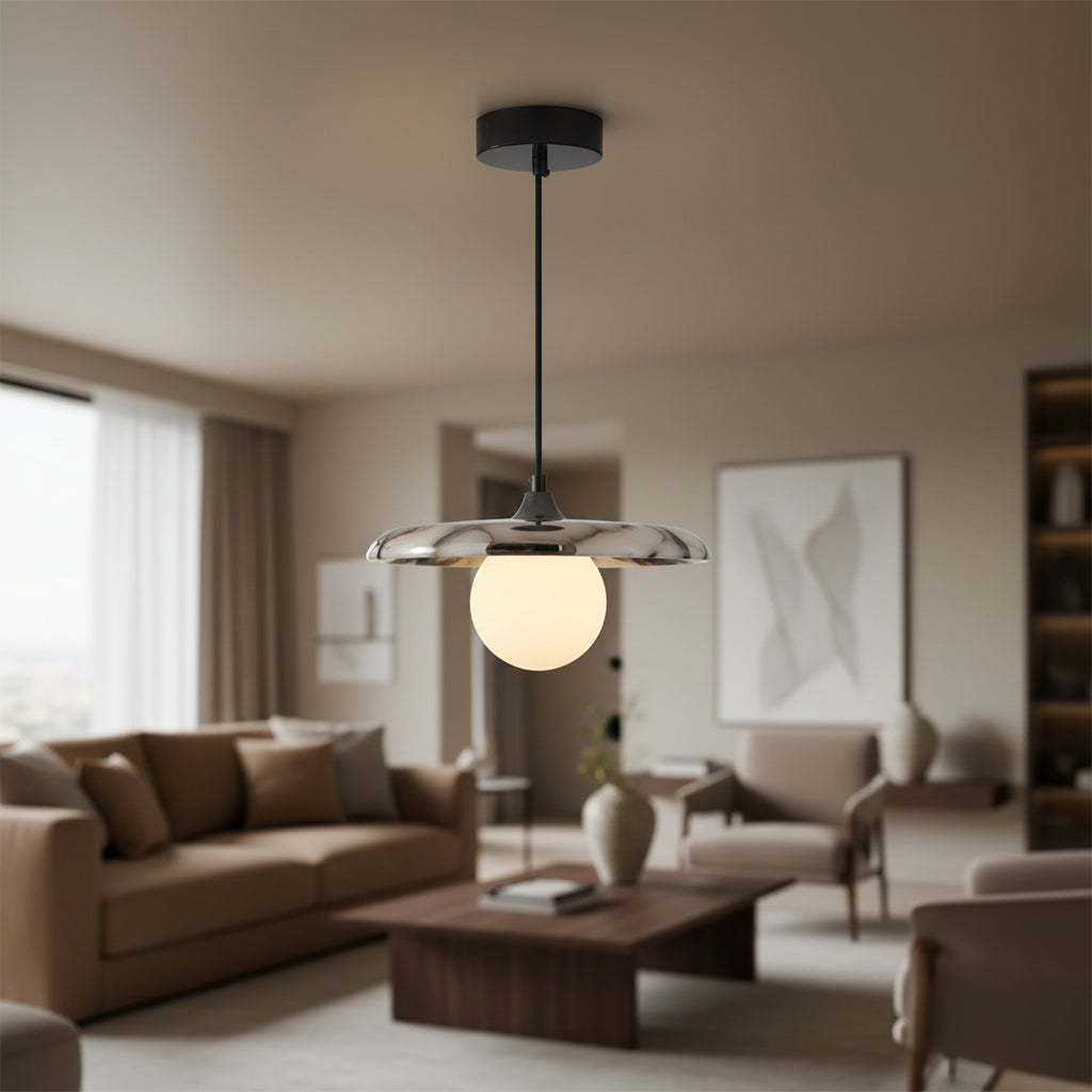 Product dimensions of the Marble Pendant Light with black LED chandelier, showing 25cm diameter and 11cm height for indoor installations.