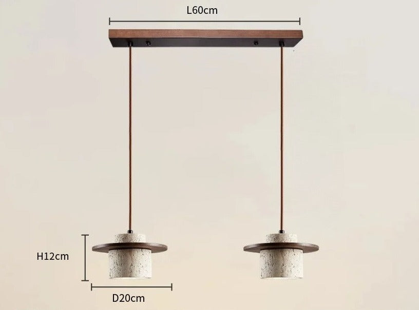 LUXELY dual pendant light with dark wood and travertine, 60cm wide, offering minimalist elegance for contemporary interiors.
