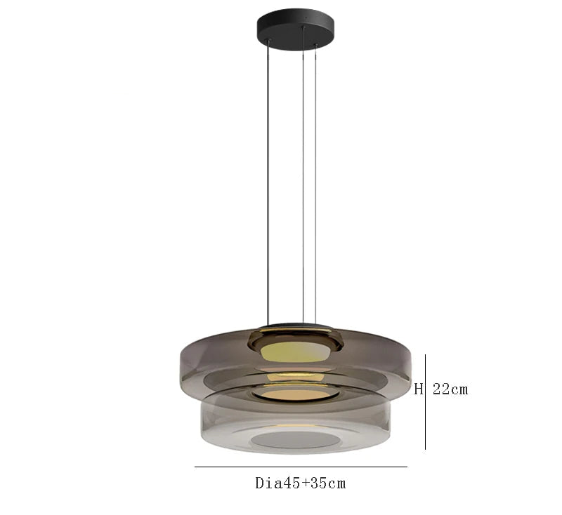 Smoke grey two-tier glass pendant light with 45cm and 35cm diameters. LED lighting and adjustable wire for modern decor.