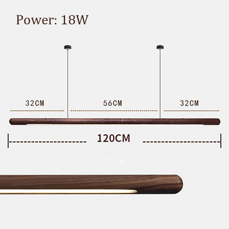 120cm Black Walnut Pendant Light with 18W LED, showing mounting dimensions and wooden finish for ceiling installation.