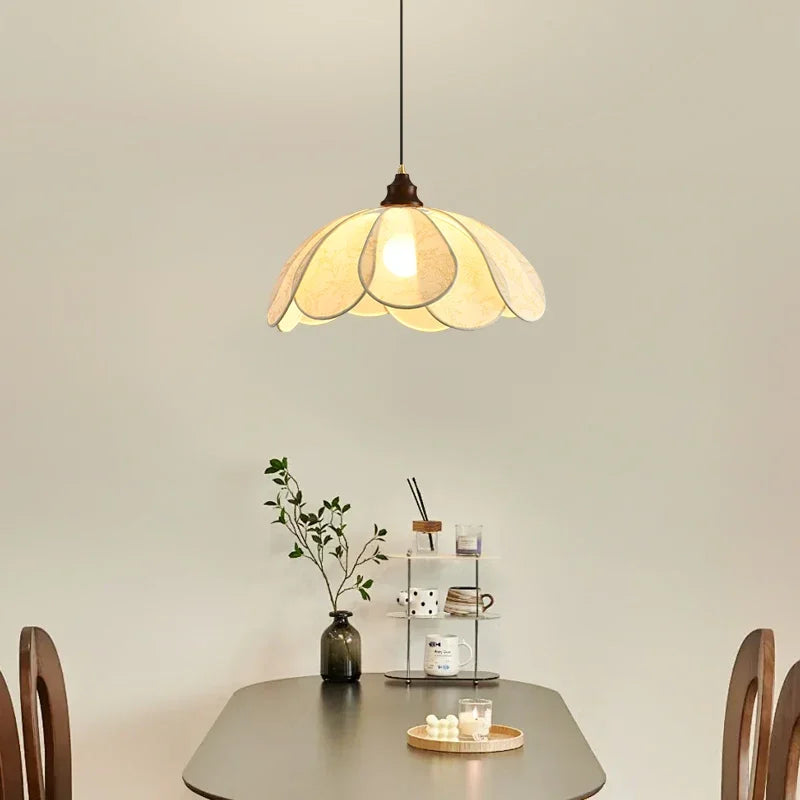 Nordic Pendant Light with elegant floral cloth shade and LED bulb, perfect for minimalist dining or study room lighting.