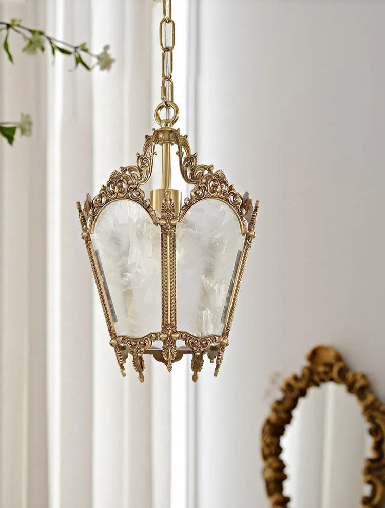 French retro chandelier with ice flower glass panels and copper frame, hanging in a white room. Ideal for elegant home lighting.