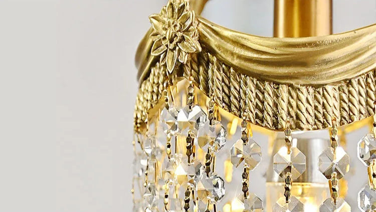 Close-up of floral copper trim and crystal strands on French Velvet Tassel Chandelier, showcasing luxury craftsmanship.