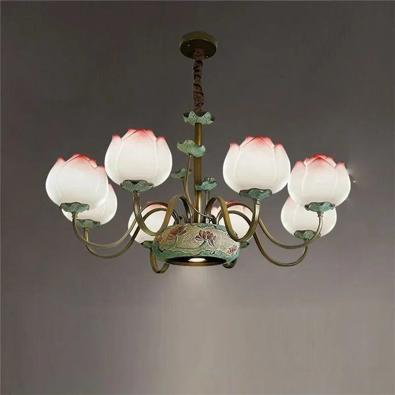 Creative chandelier with six lotus-shaped LED lights and floral ceramic base, perfect for farmhouse or vintage interiors.