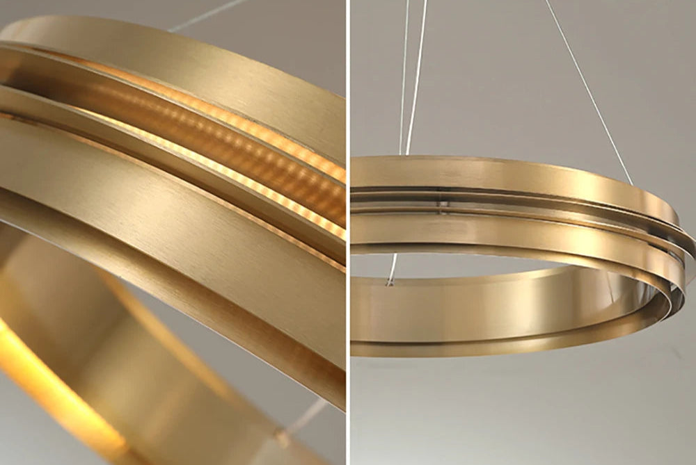 Brushed titanium stainless steel LED chandelier with minimalist ring design, ideal for elegant ceiling lighting.