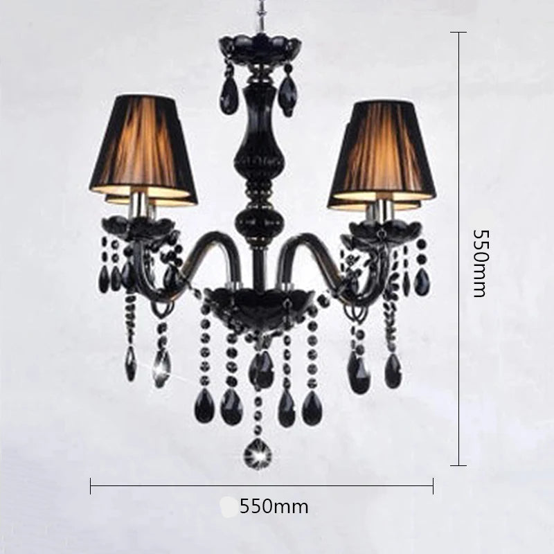 Black crystal chandelier with two shaded LED lights, 550mm wide and tall, suitable for compact luxury spaces like apartments.