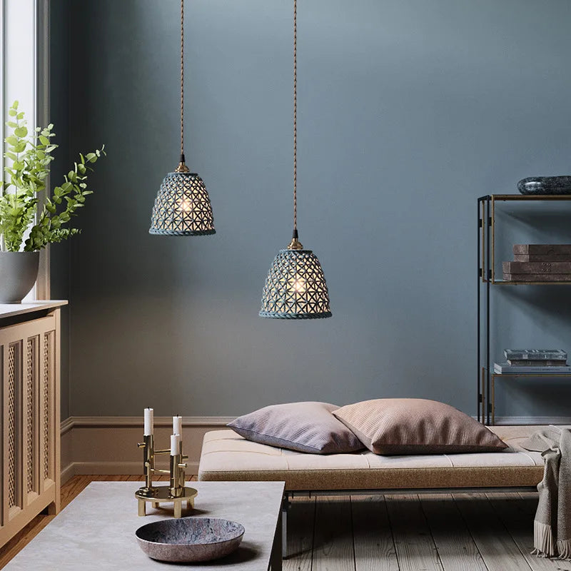 LUXELY ceramic pendant lights in a cozy living room setting, perfect for ambient lighting in home and hotel interiors.