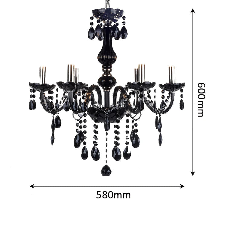 Black crystal chandelier - modern pendant light LED with 600mm height and 580mm width, showcasing size for home lighting planning.
