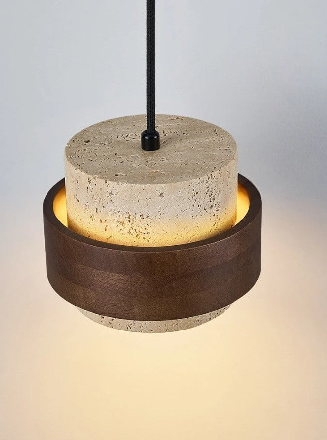 Dimmable travertine pendant lamp bedside with warm glow, showcasing natural stone and wood design for kitchen or hallway lighting.