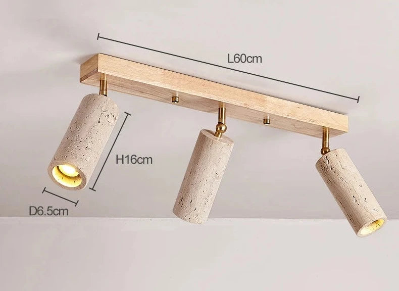 Track spotlight stone ceiling light with wood accent showing dimensions: 60cm length, 16cm height, and 6.5cm diameter per spotlight.
