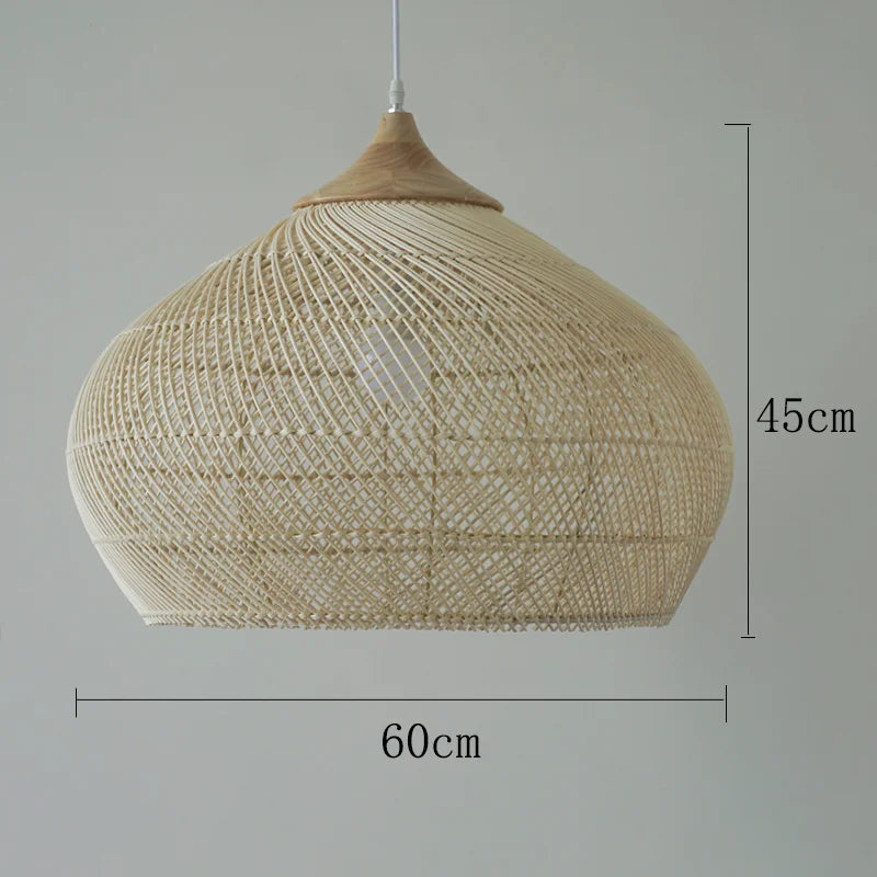 Natural rattan pendant light with wood accent, 60cm wide and 45cm tall, ideal for minimalist or Japanese-style interiors.