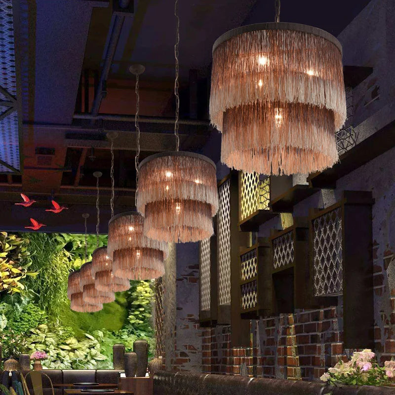 Rustic Bohemian Chandelier-Pendant Light Wicker LED installed in a restaurant setting, creating a cozy ambiance for dining spaces.