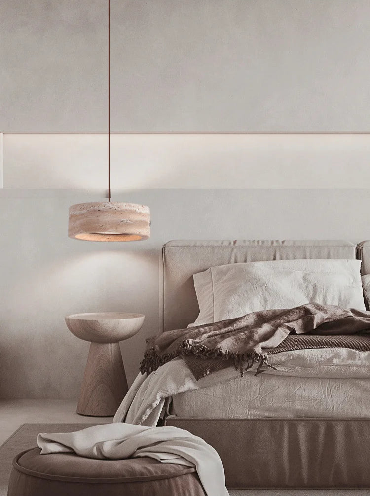 Travertine Retro Pendant Light suspended in a neutral bedroom, enhancing the space with soft LED light and a minimalist stone design.