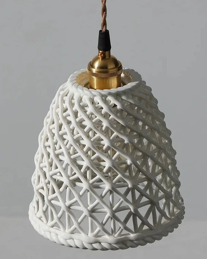 Close-up of white ceramic pendant light by LUXELY with intricate lattice design, ideal for ceiling light fixtures in modern homes.