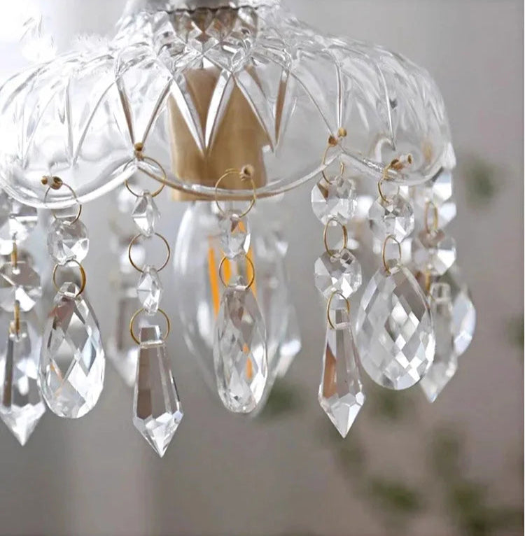 Close-up of crystal drops on French Vintage Crystal Chandelier - Copper Hanging Lamp, showcasing clarity and craftsmanship.