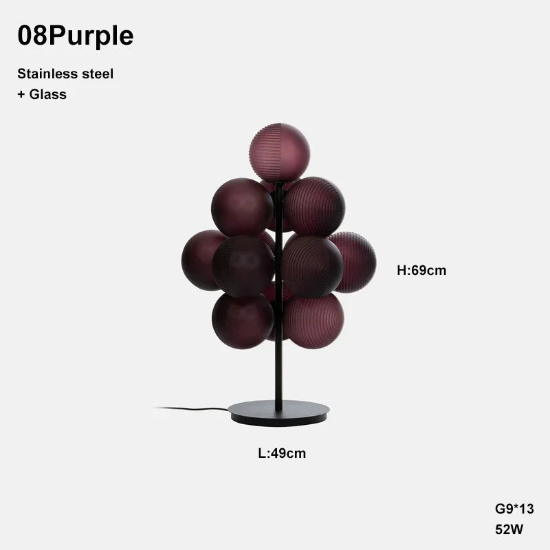 Purple Grape LED table lamp with 13 glass globes, 69cm tall, perfect for adding a pop of color and light to modern decor.