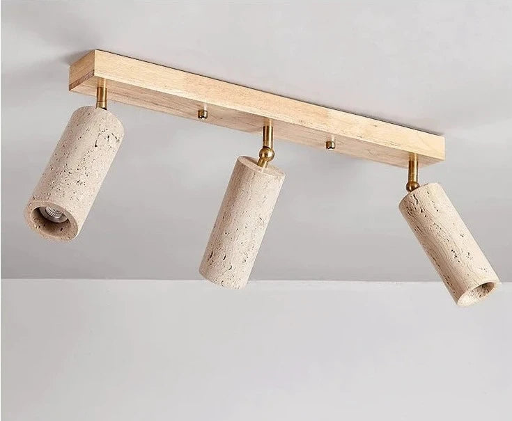 LUXELY 3-head spotlight ceiling lamp with stone and wood design, offering adjustable lighting for modern home interiors.