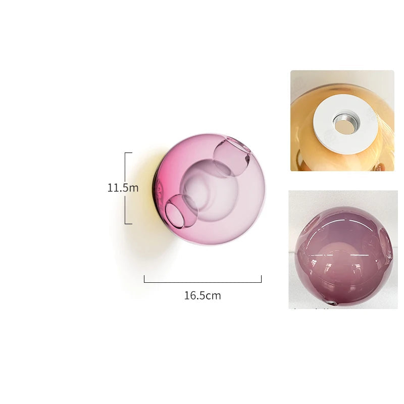 Light purple glass LED wall light with Italian design, ideal for soft, decorative lighting in bedrooms or cafés.
