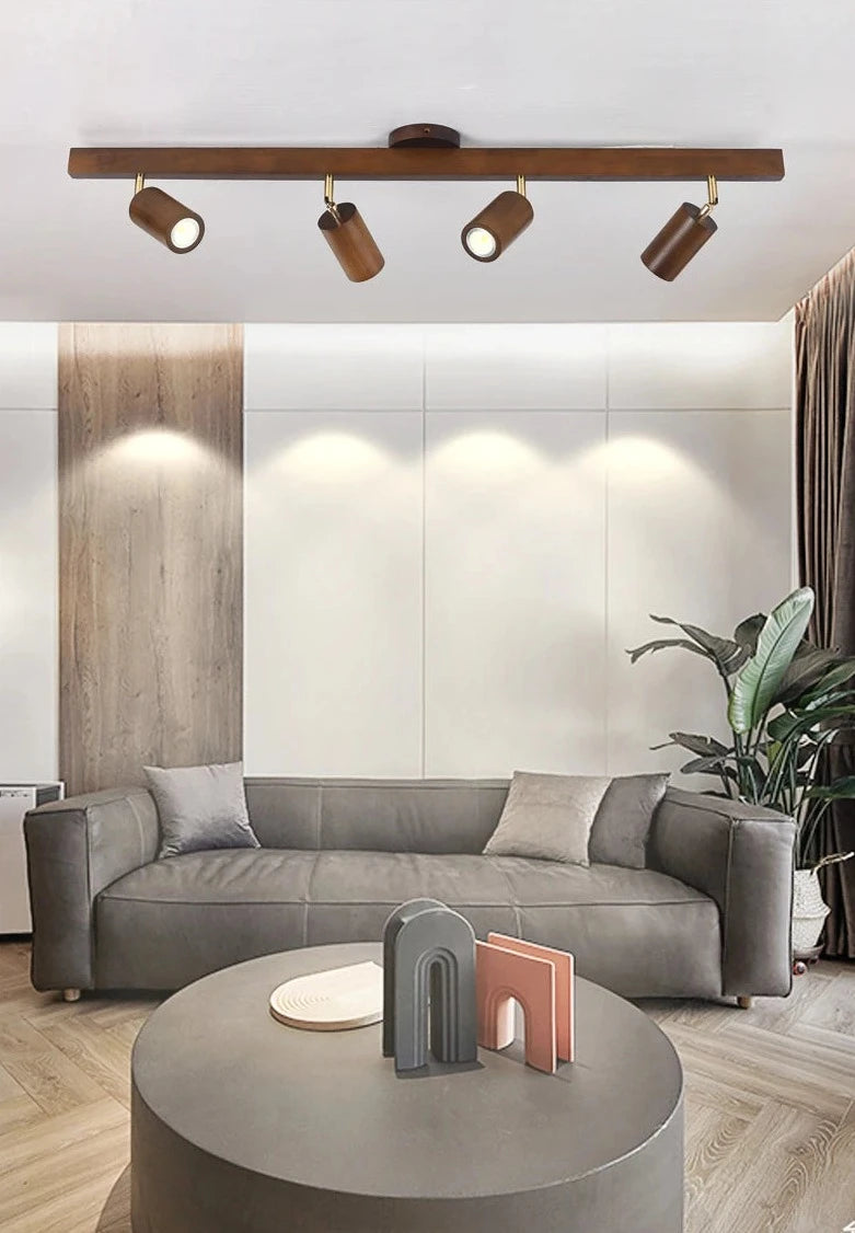 Contemporary living area featuring LUXELY wood grain LED spotlight, ideal for stylish and functional Scandinavian ceiling lighting.