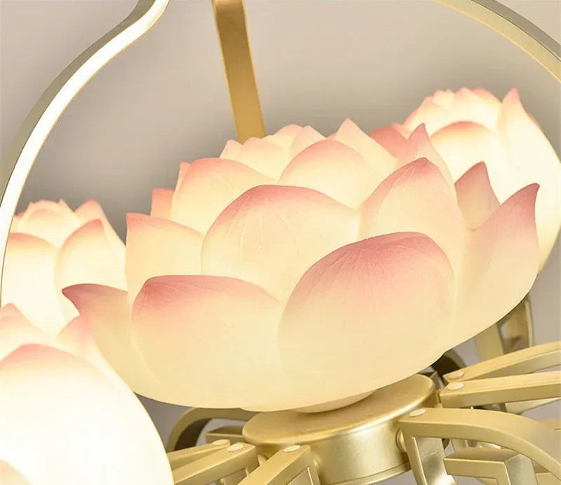 Close-up of lotus flower LED pendant light petals, showcasing delicate pink gradient and floral texture for vintage charm.