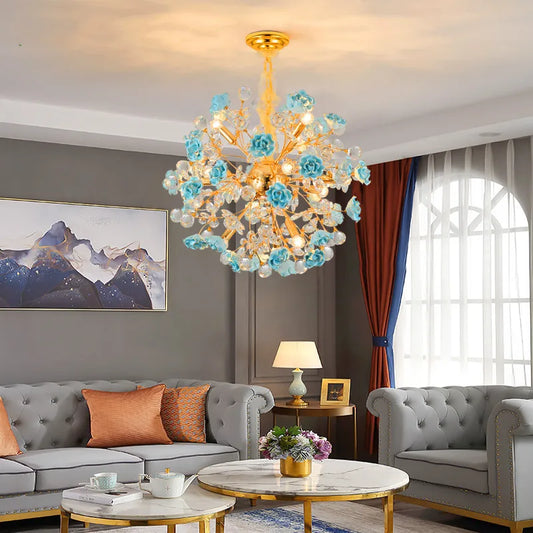 Pink crystal chandelier - girlish modern bedroom lighting with blue ceramic roses and LED bulbs, ideal for elegant living room decor.
