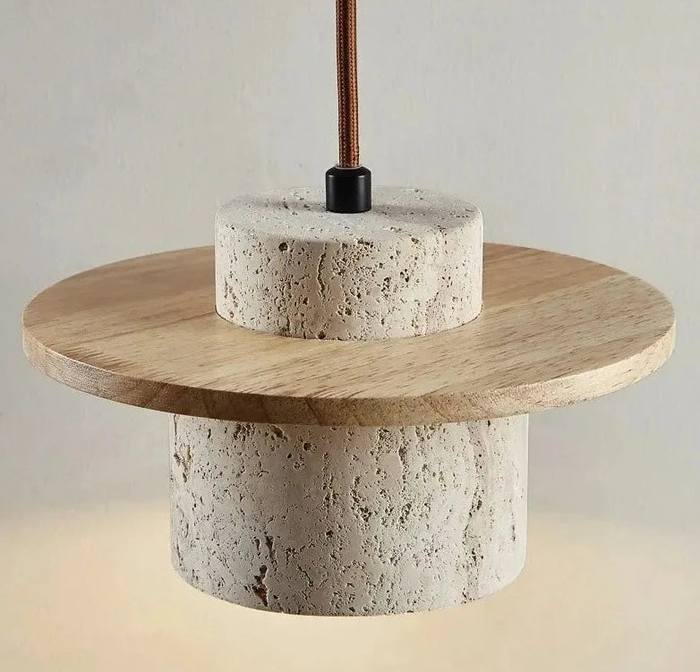 Close-up of LUXELY Japanese pendant light with light wood and travertine, highlighting natural textures and minimalist design.