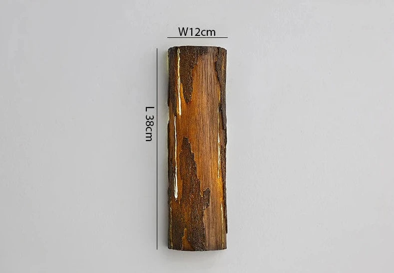 Brown LED Resin Wall Lamp with wood-like texture, 38cm x 12cm, IP65 waterproof for rustic outdoor wall lighting applications.