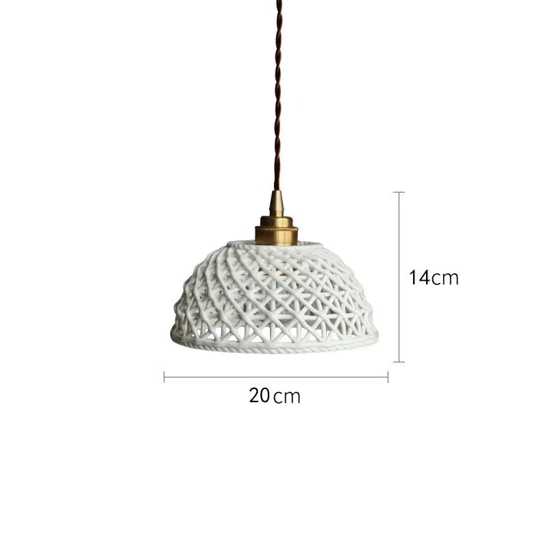 White ceramic LED pendant light by LUXELY with open weave design, 20cm wide and 14cm tall, perfect for pendant bar lighting.