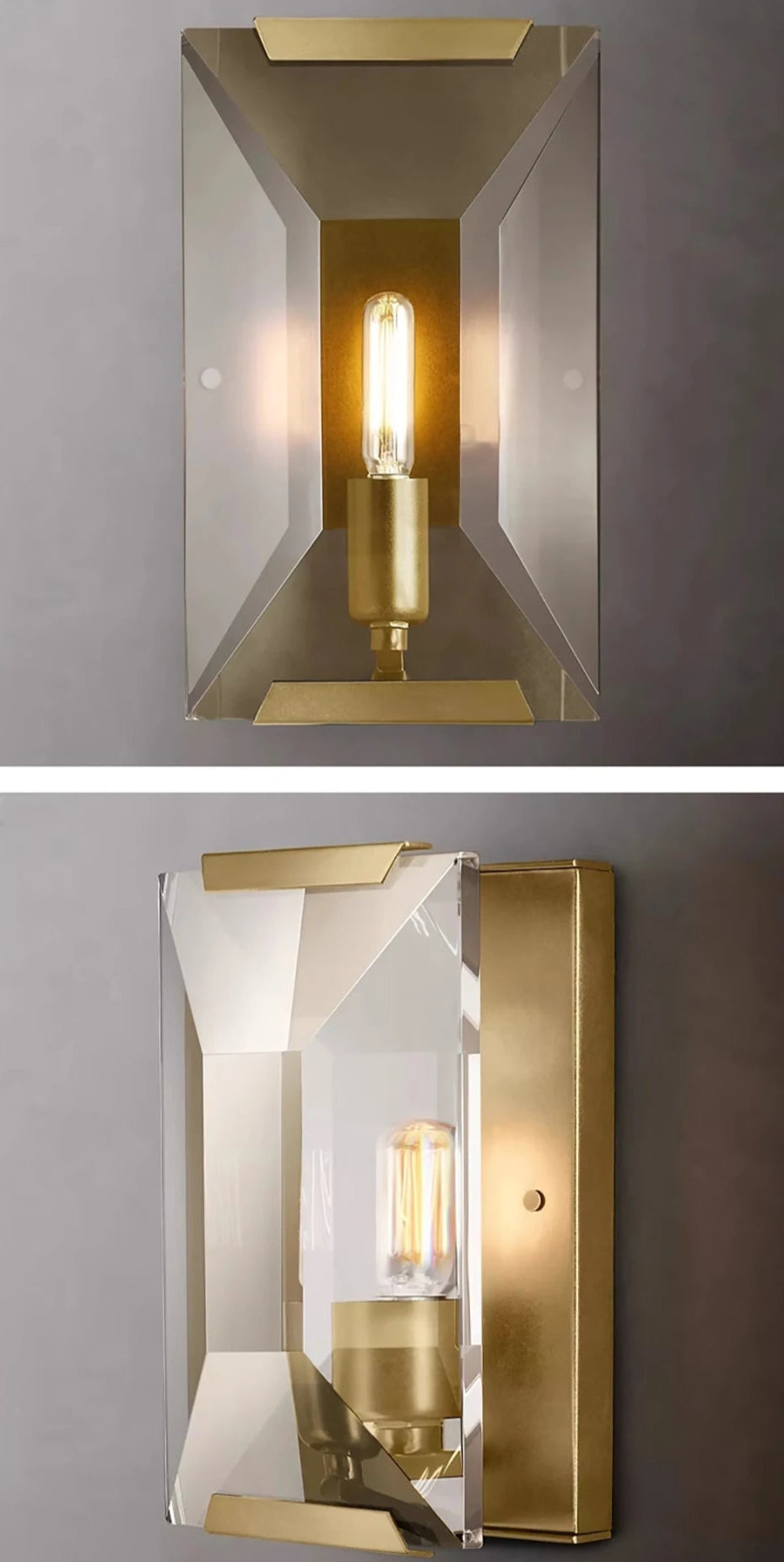 Gold crystal LED wall sconce with exposed bulb and faceted design, ideal for luxury modern interiors and accent lighting.