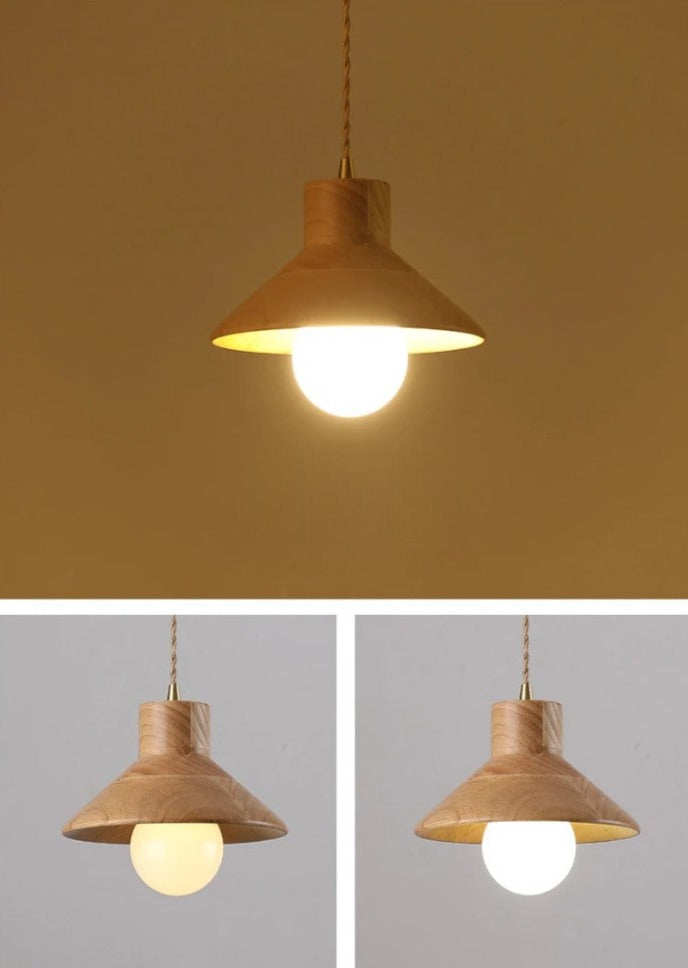 Nordic wood pendant light shown in three lighting modes: warm, neutral, and off, ideal for adjustable ambiance in dining or kitchen areas.
