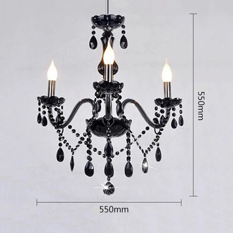 Three-light LED ceiling chandelier with black crystal design, 550mm wide and tall, perfect for modern home or hotel lighting.
