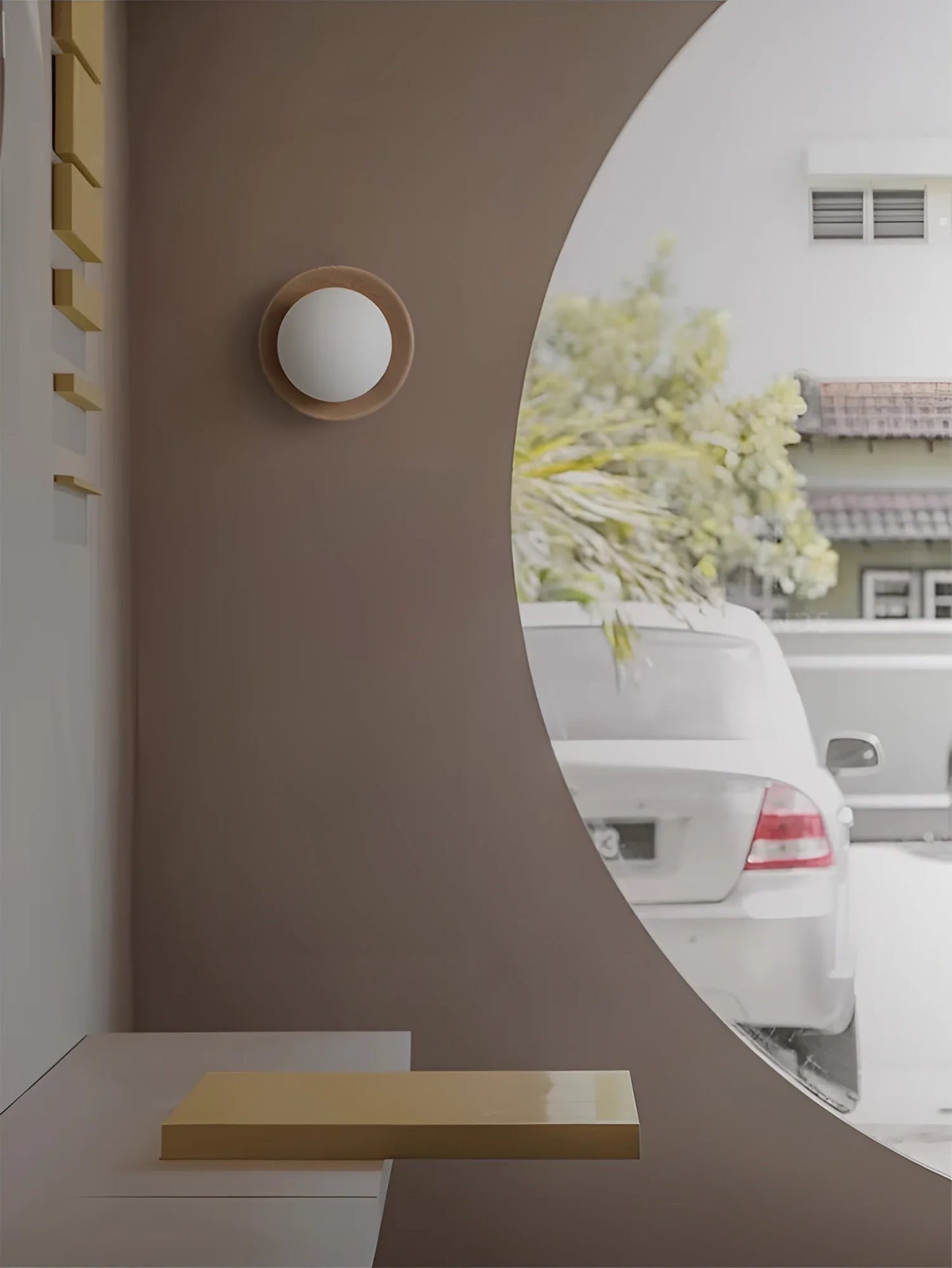 Light wood Nordic wall lamp installed near window, blending natural tones with contemporary home design.