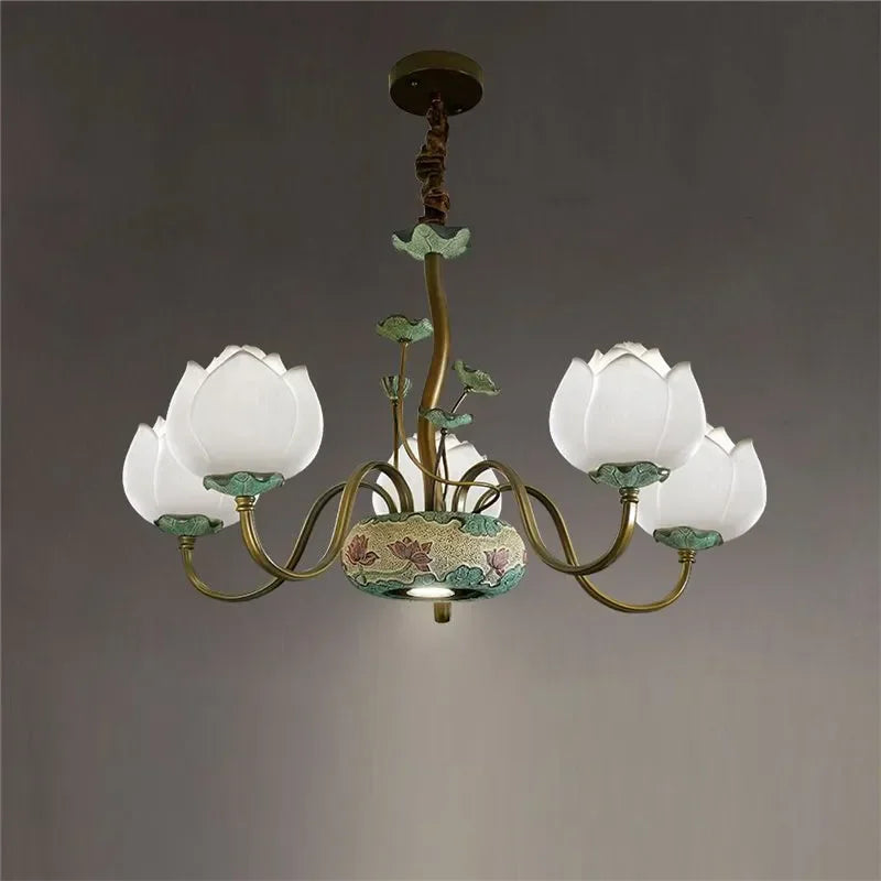 Five-light lotus flower chandelier with LED bulbs and floral ceramic base, ideal for cozy living or bedroom spaces.