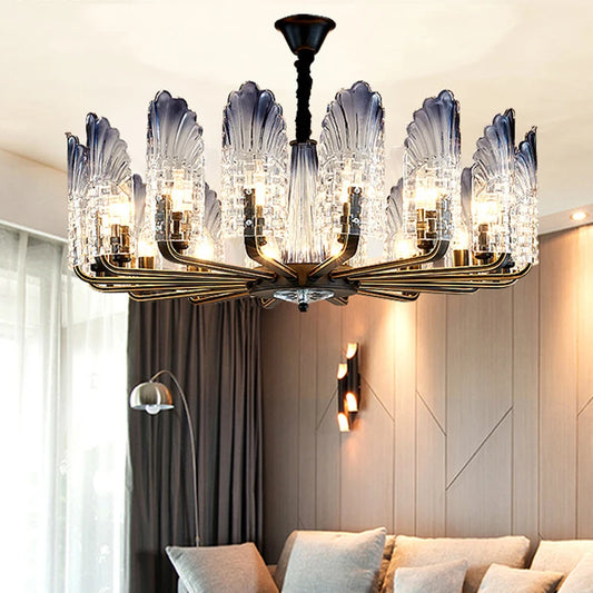 Luxury modern jellyfish chandelier - crystal ceiling light with layered glass panels and LED bulbs, ideal for upscale living room décor.