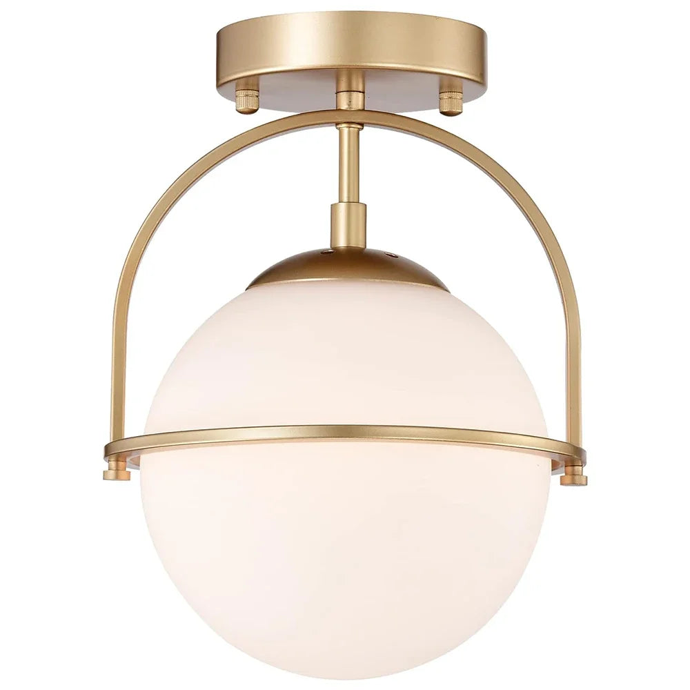 Nordic milky glass ceiling light with gold surface mount and globe-shaped shade, ideal for modern dining or living room decor.