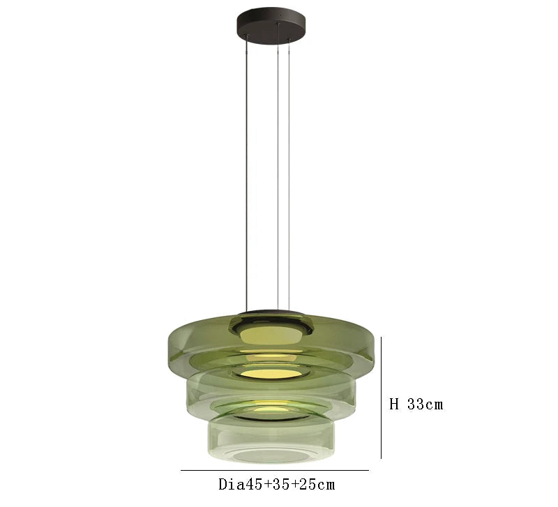 Green three-tier glass pendant light with 45cm, 35cm, and 25cm diameters. LED source and adjustable wire for luxury lighting.