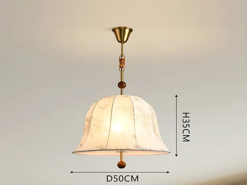 Modern Art Hanging Lamp with wide bell-shaped cloth shade and wood trim, a Nordic pendant light for spacious interiors.